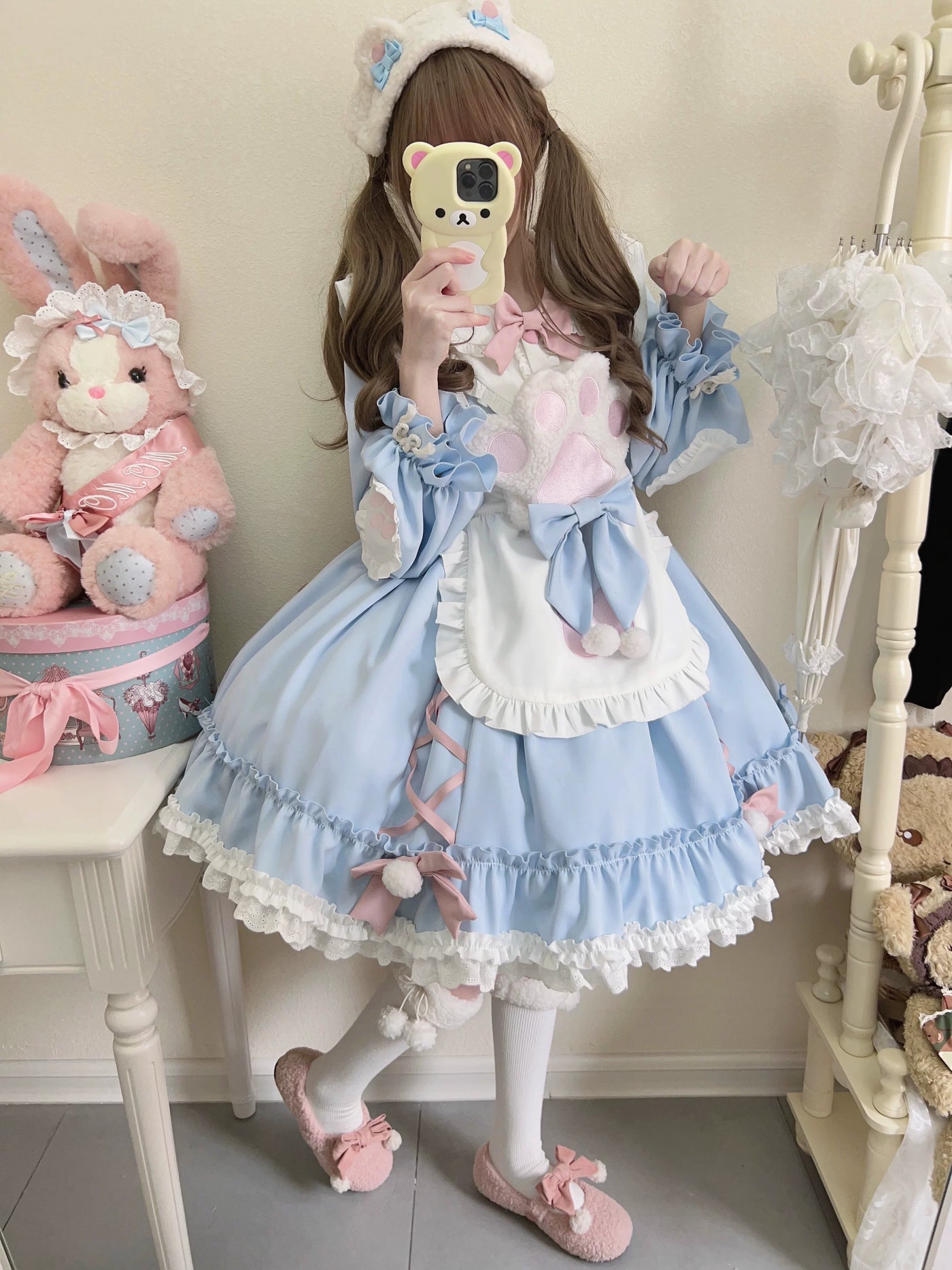 Tata Long Ear - Meow Meow - Blue OP Dress with a Ruffled Apron