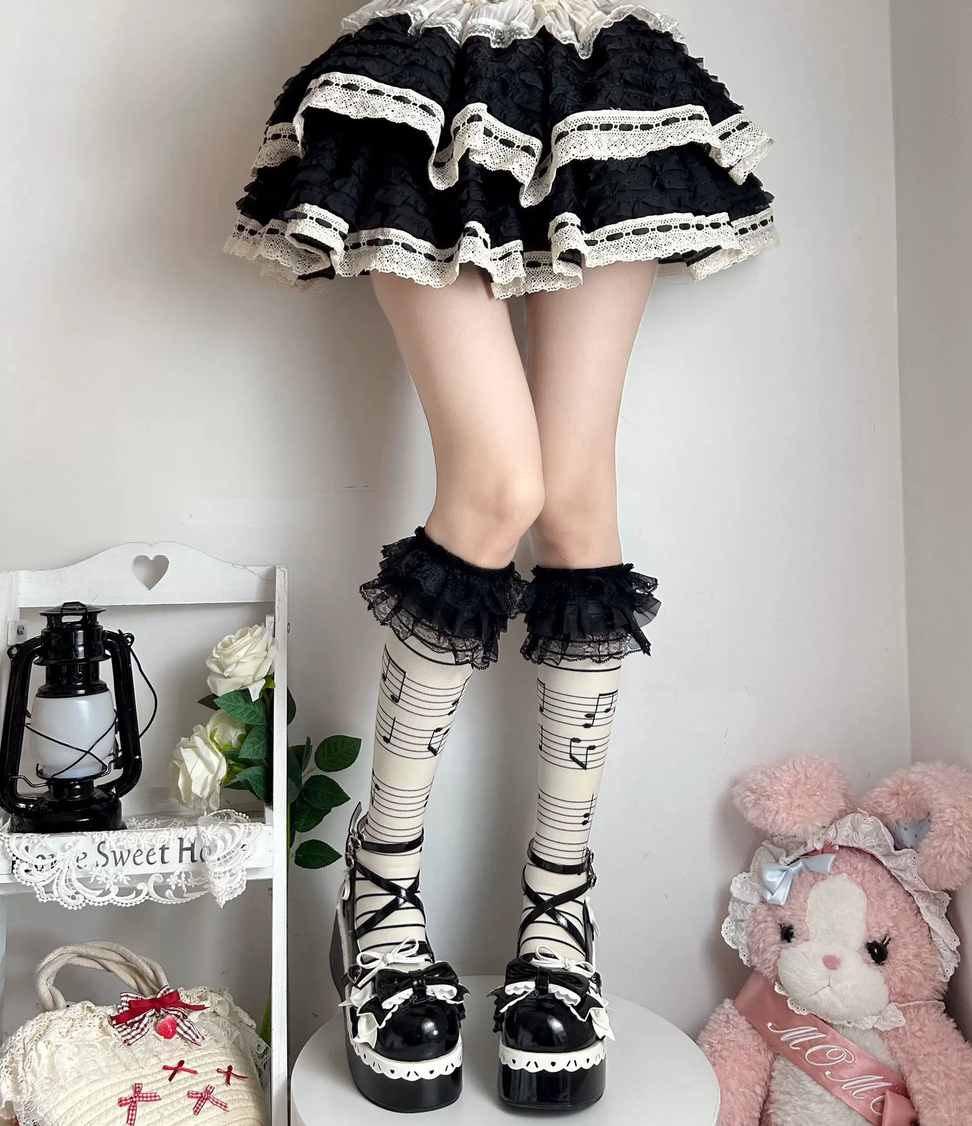 Fantasy Doll - Musical Note - Socks with Black Lace Ruffle Cuffs