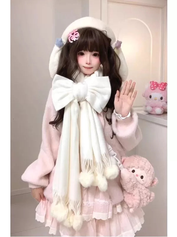 Creamy - Retro Nana - Cardigan, Skirt and Scarf Three-Piece Set with an Oversized Bow
