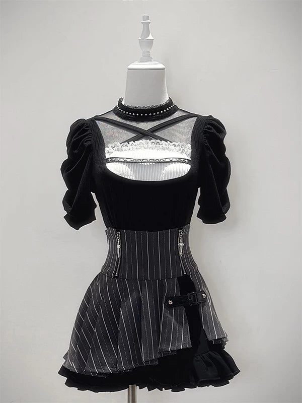 Black puff-sleeve top and vertical-stripe short skirt set displayed on a mannequin.