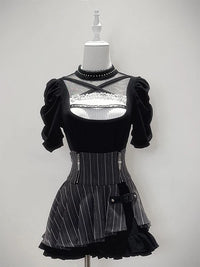 Creamy - Dark Contrast - Puff-Sleeve Top and Short Skirt Set with Metal Zippers - Puff-sleeve short-sleeved top + short skirt / S