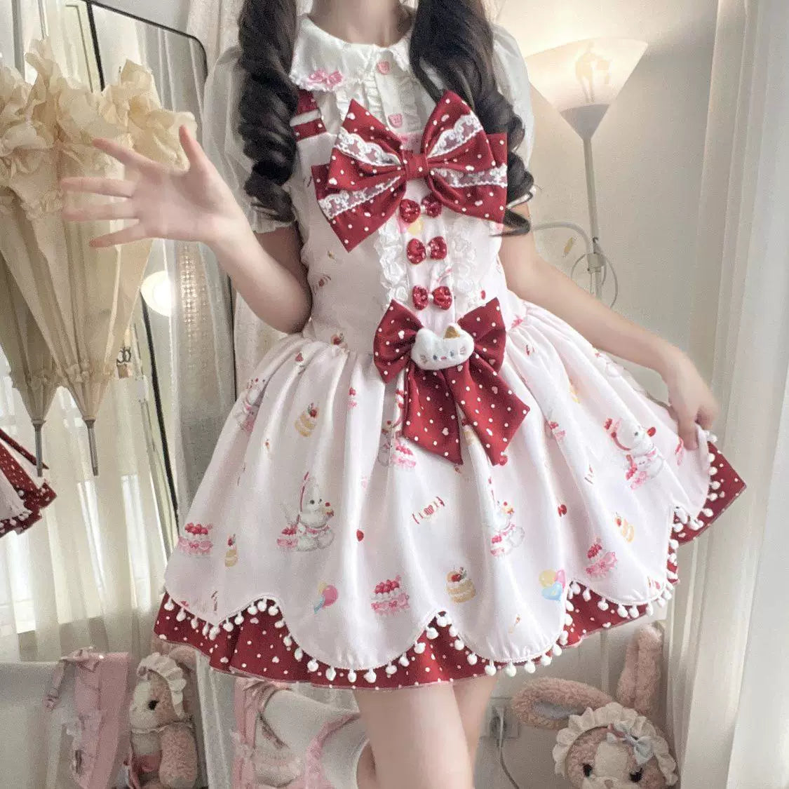 Sweetheart Dream Machine - Meow Meow Milk Cake - Printed JSK with Cherry-Red Bows