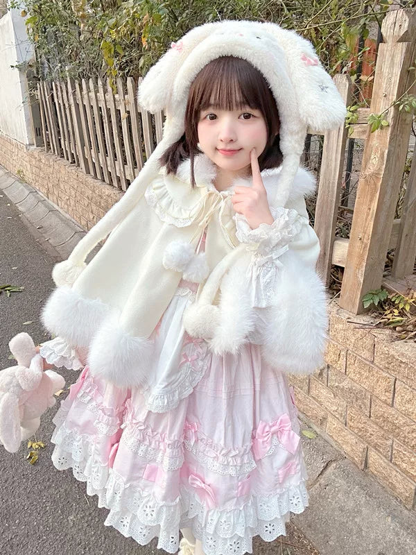 Jelly Girl - Winter Bunny - Plush Hooded Cape with Pom-Pom Ties