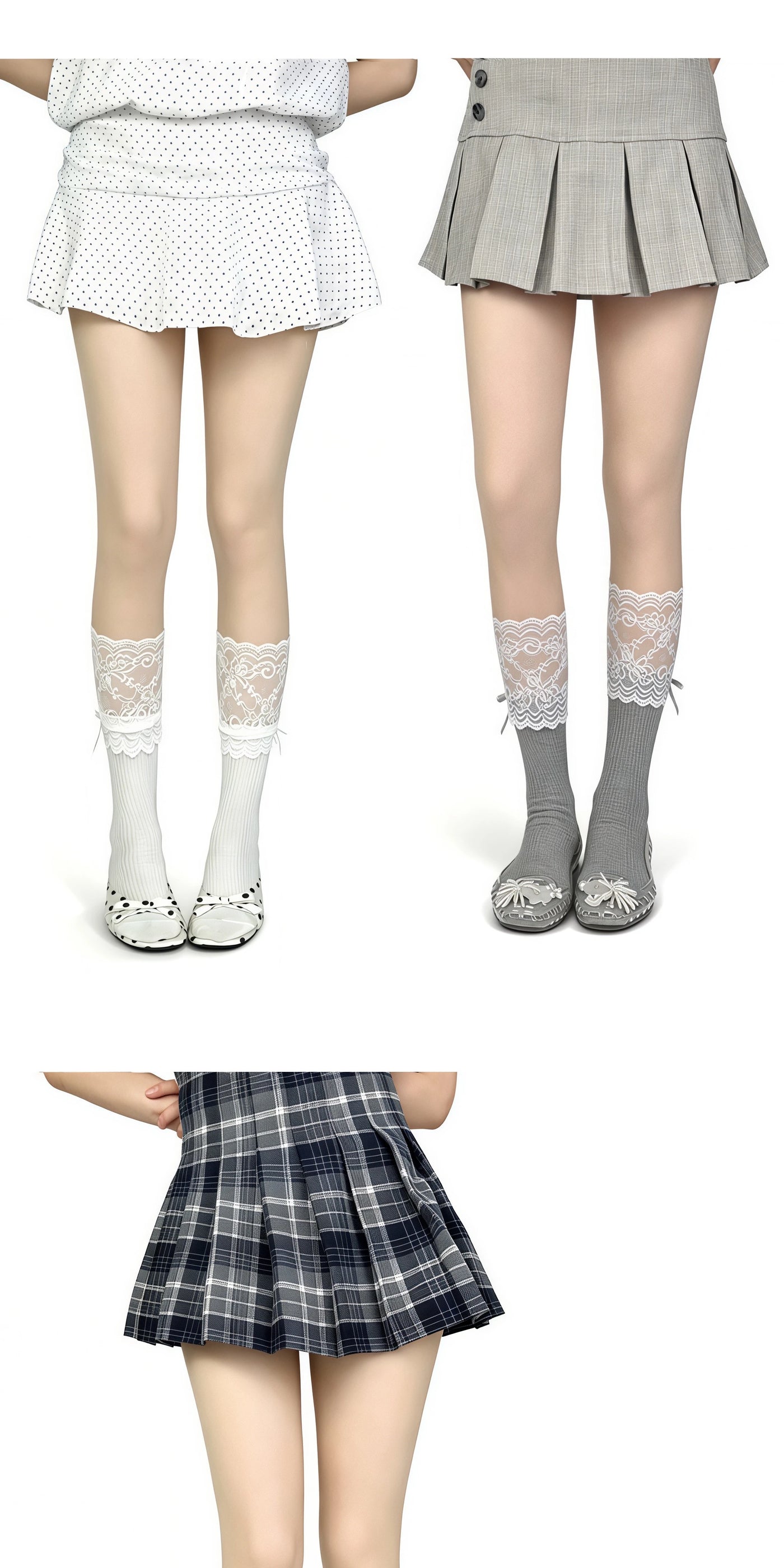 White Socks - Ballet Lace Ribbon - Mid-Calf Socks with Lace Cuffs and Ribbon Ties