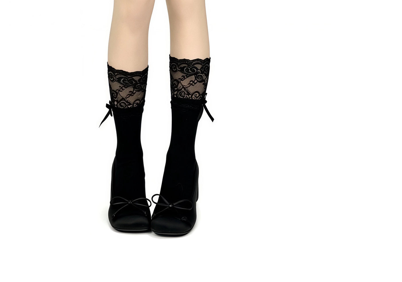 White Socks - Ballet Lace Ribbon - Mid-Calf Socks with Lace Cuffs and Ribbon Ties