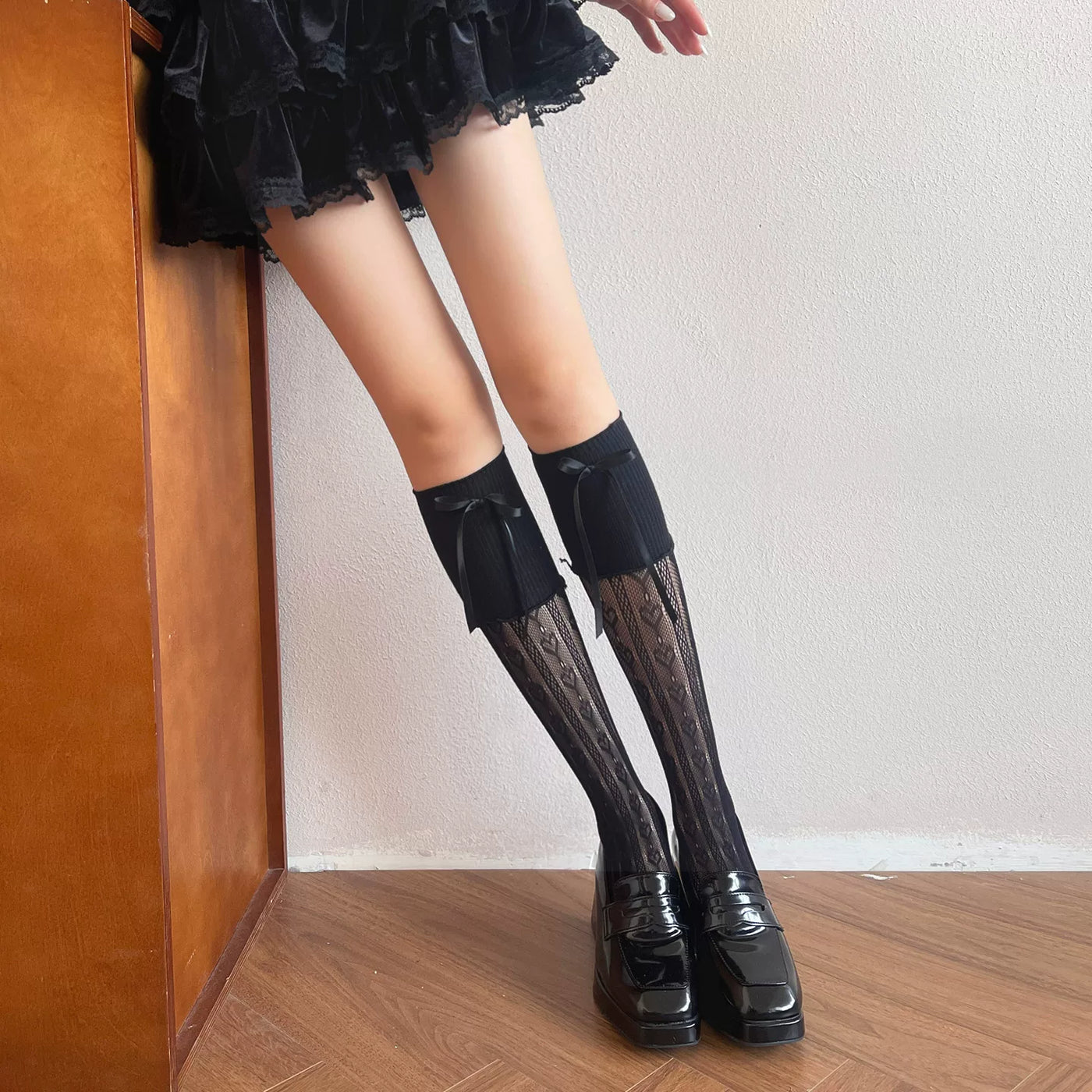 Sock Noble - Academy Lace - Scrunched calf socks with lace panels and ribbon bows