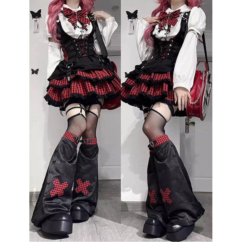Creamy - American School Rock - Lolita fashion set with a black-and-red plaid skirt