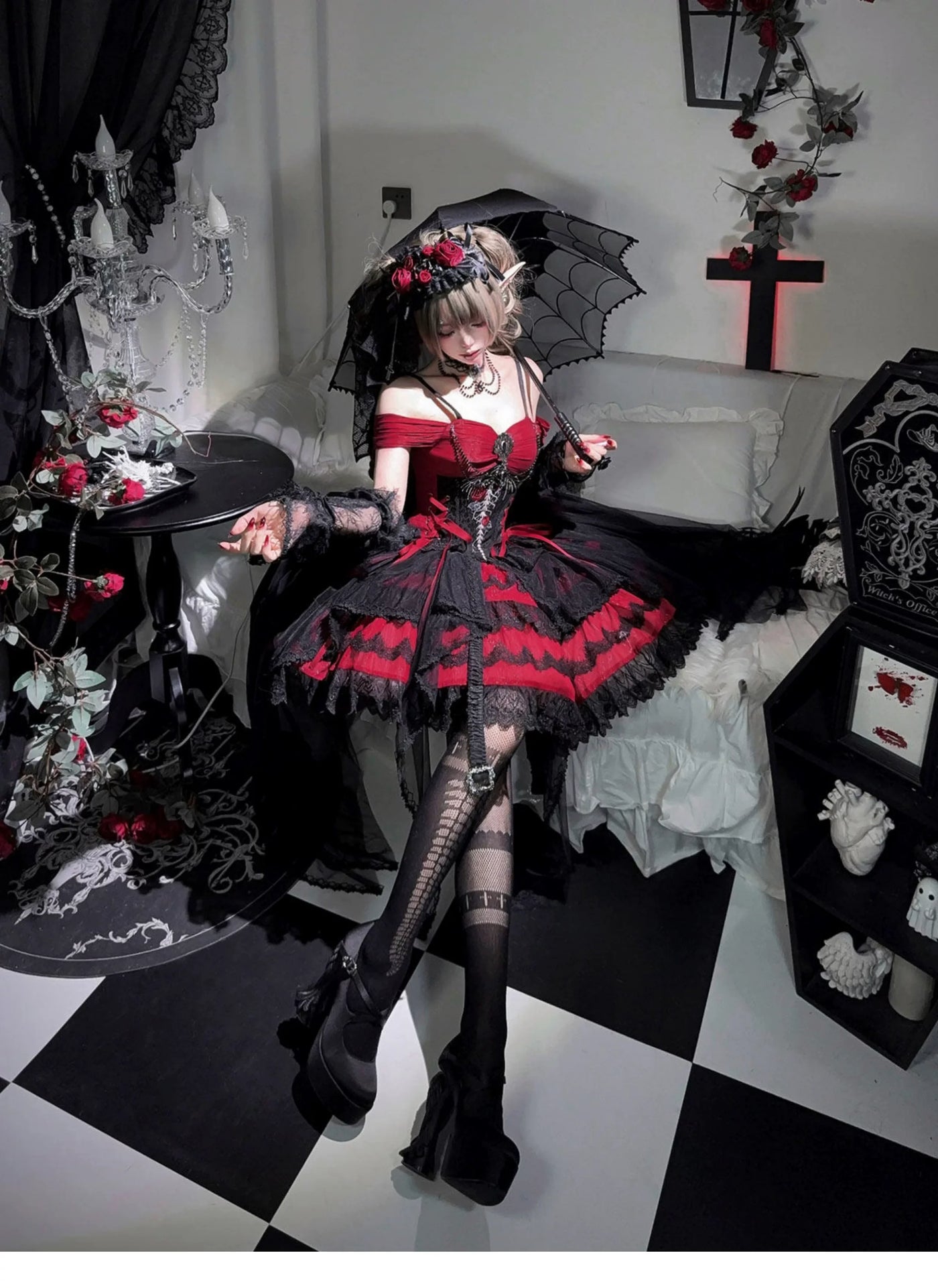 Letters from Unknown Star - Eternal Thorn of the Dragonbone - Embroidered Gothic Lolita JSK Dress, Off-Shoulder