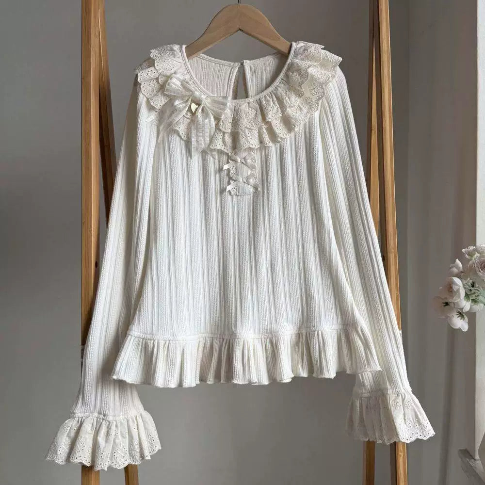 Sweetheart Dream Machine - Milky Ruffle - Lolita Knit Layering Top with Flared Cuffs