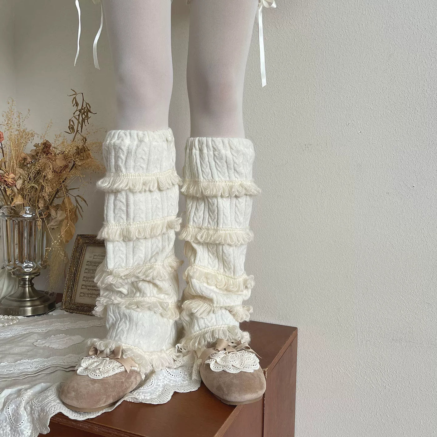 Sock Noble - Milk-White Layered Lace - Pantyhose and Sock Covers with Cable Texture