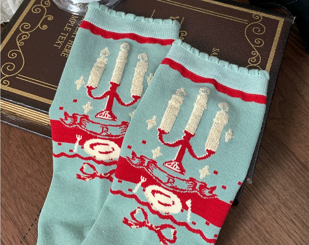 roji roji - Candle Motif - Cotton Mid-Calf Socks with Candelabra and Bow Details