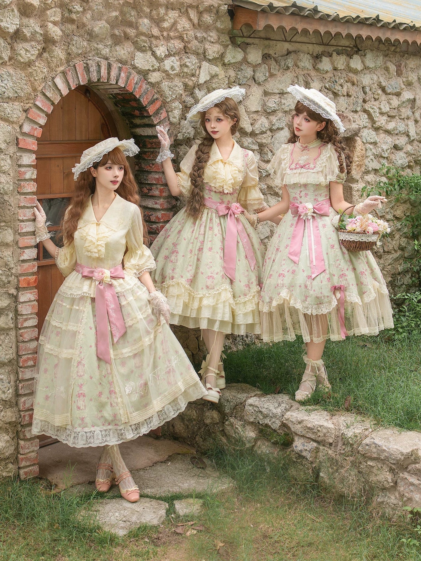 With PUJI - Wind Swept Roses - Classic Lolita Rose Printed Dress Set, Petal Hem