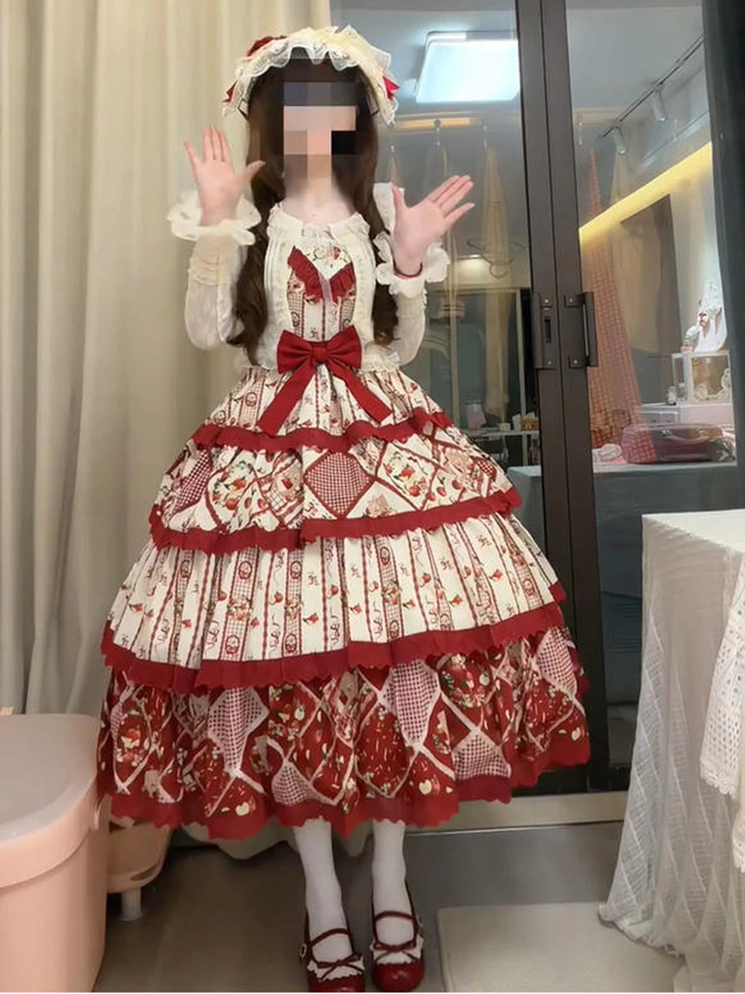 Creamy - Pastoral Patchwork - Red-and-Apricot JSK Dress Set with Layered Ruffles