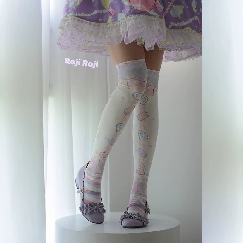 Blue-pink macaron velvet over-the-knee Lolita socks