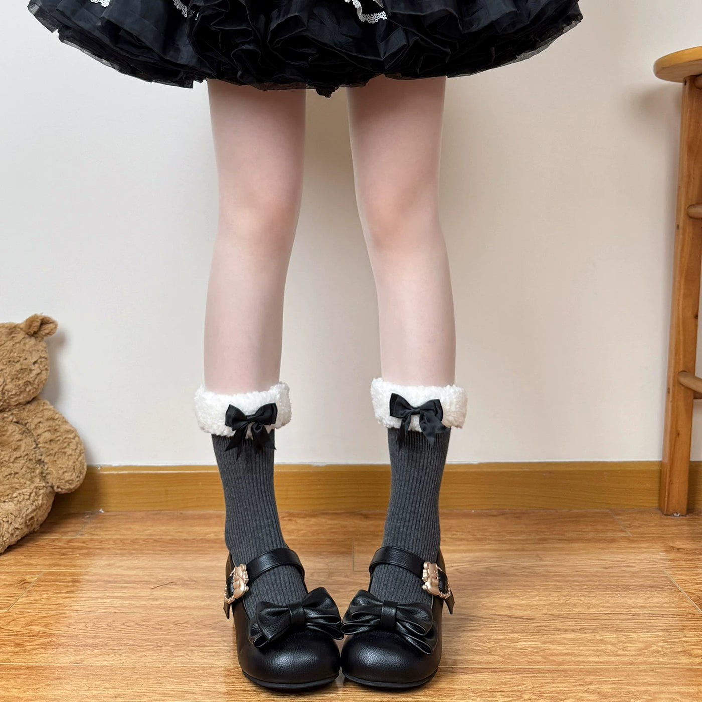 Chubby Bear Tales - Caramel Brown - Mid-Calf Scrunch Socks with Bow and Pom-Pom Details