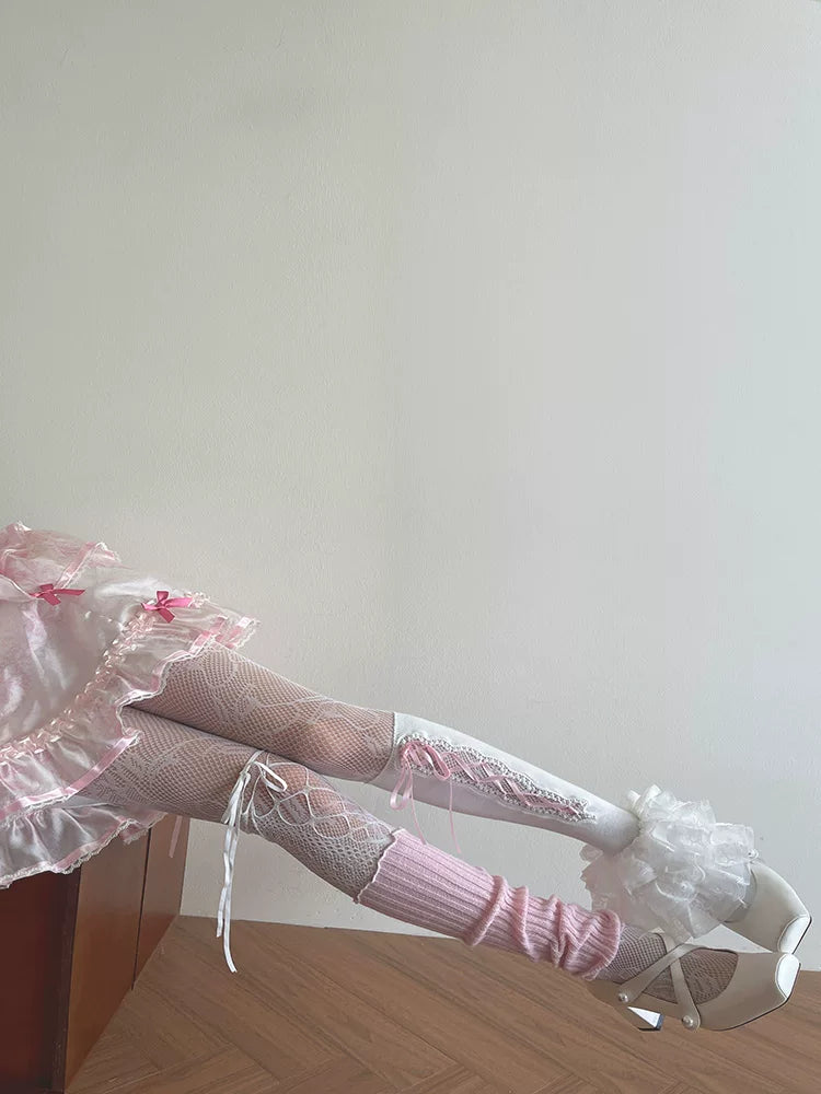 Sock Noble - Layered Y2K Legwear - Pink fishnet tights with strap-detail slouch socks