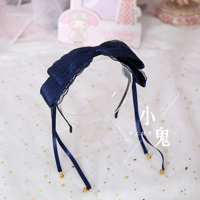 Xiaogui - Kawaii Lolita Bell KC Lace Bow Hair Accessory dark blue lace bell-tassel headband