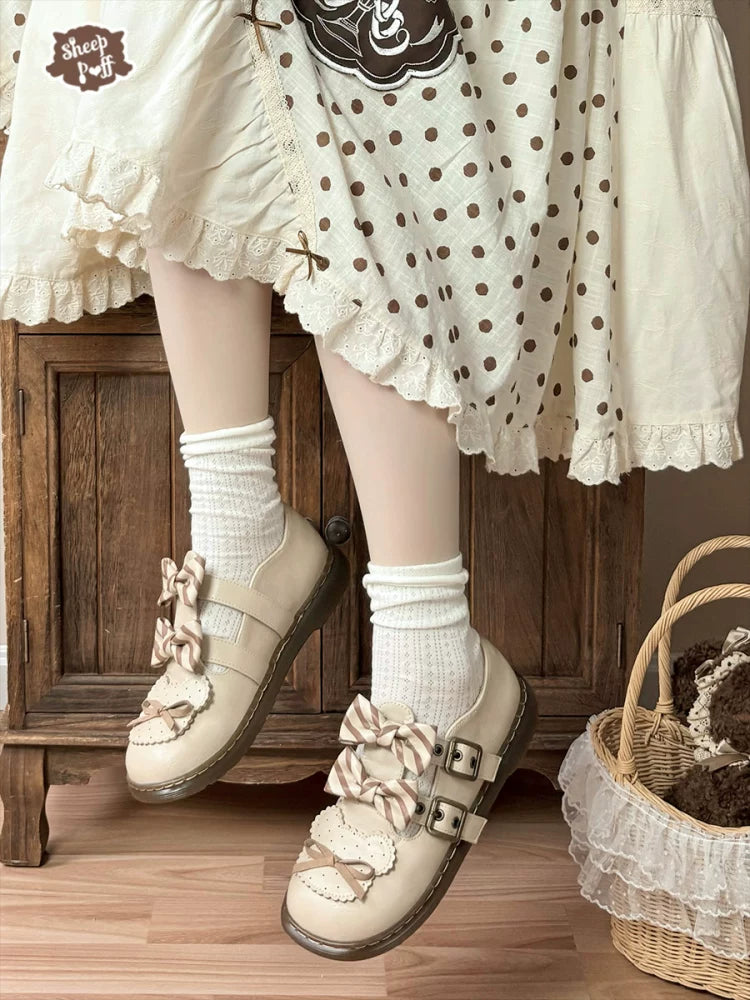 Sheep Puff Sheep Puff Bear Sniper low heel Lolita shoes with cute bear and puff design in pastel colors.