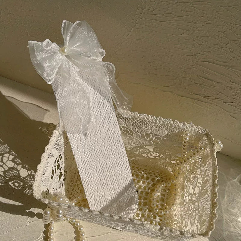 Sock Noble - Organza Heart Lace - Mid-Calf Socks with Oversized Ribbon Bows