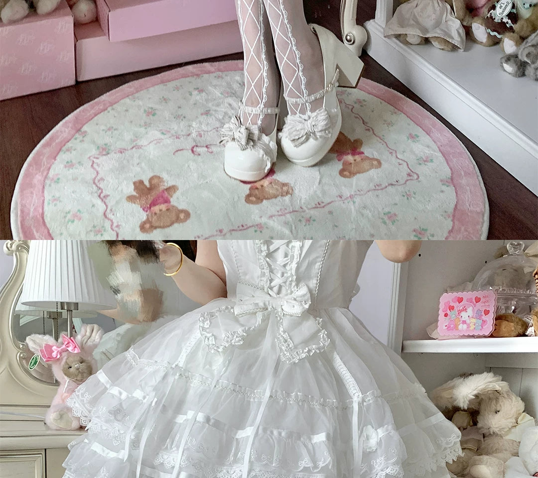 roji roji - Interwoven Curtain - White Tights with Crisscross Lace Panels