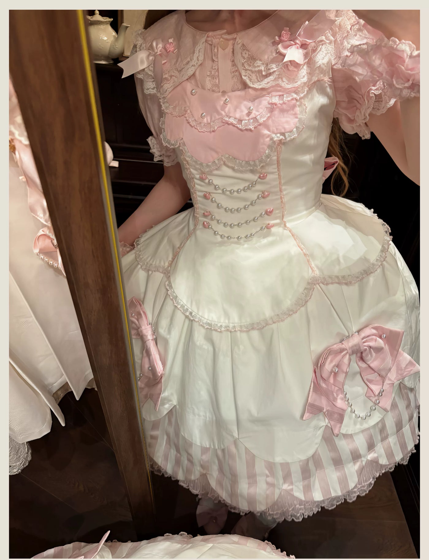 Tata Long Ear - Pearl Princess - White-and-Pink JSK Dress with Pearl Details and Scalloped Layers