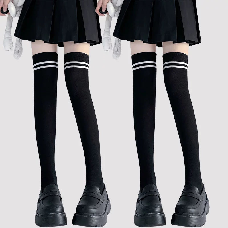 Floral Milk Cat - Double Stripe - Cotton Over-the-Knee Socks with Contrast Double Stripes