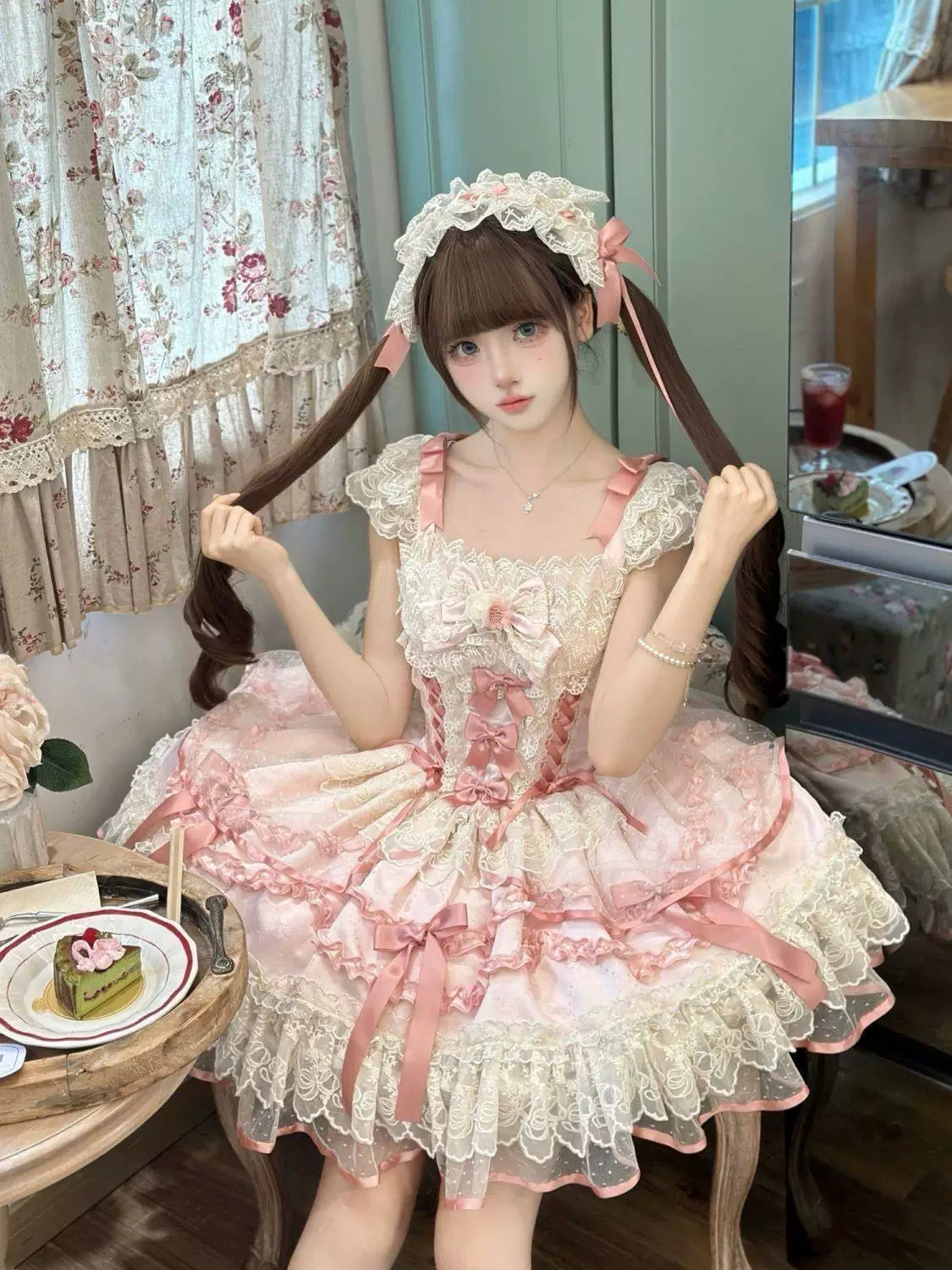 Sweetheart Dream Machine - Rose Poem Ballet - Strappy JSK dress with lace ruffles and ribbon bows