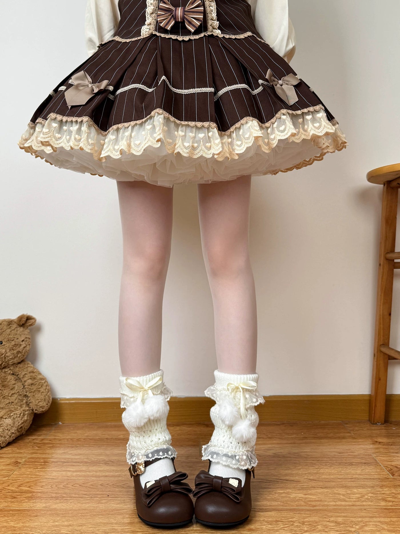 Chubby Bear Tales - Doll Pom-Pom Layers - Mid-Calf Scrunch Socks with Lace Trim