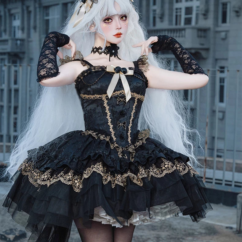 Zhijinyuan Shimmering Dream Jacquard JSK — Black and gold JSK styled view