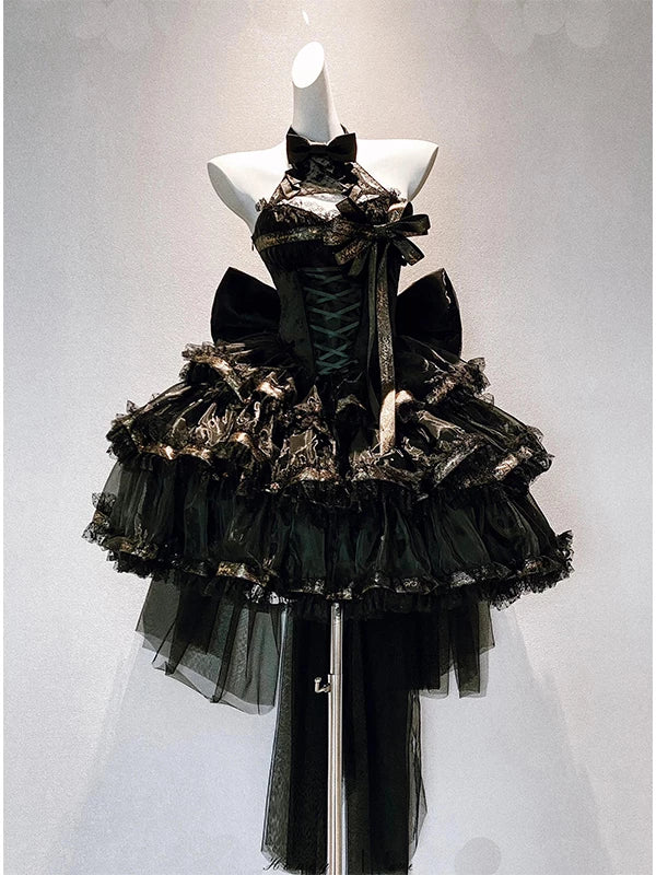 Black Gothic Lolita halter-neck dress with corset lacing and tiered ruffled skirt