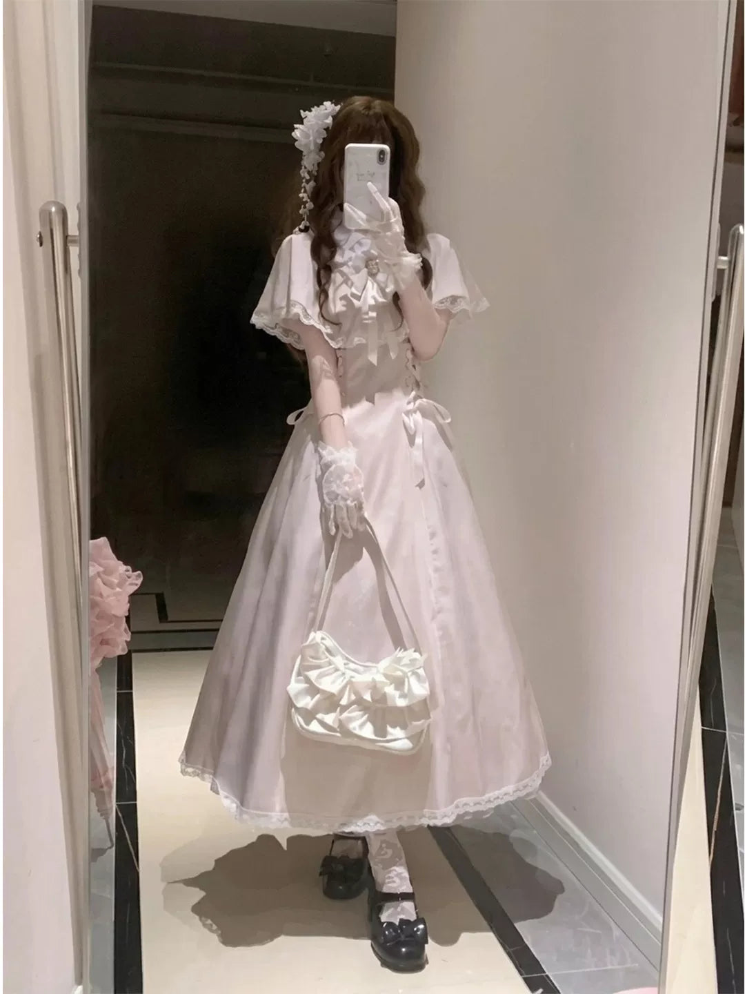 Creamy - Lace Cape Princess - Pink Long One-Piece Dress with Cape Sleeves