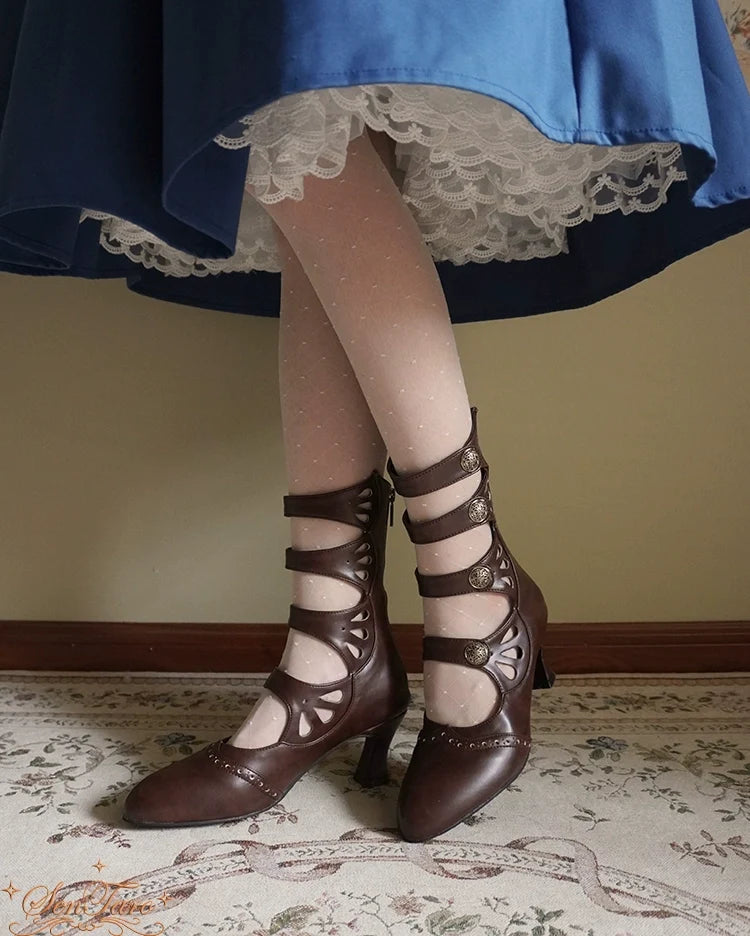 Sentaro - Floral Carved - Vintage Lolita Shoes Mary Jane Hollow-out Ankle Boots