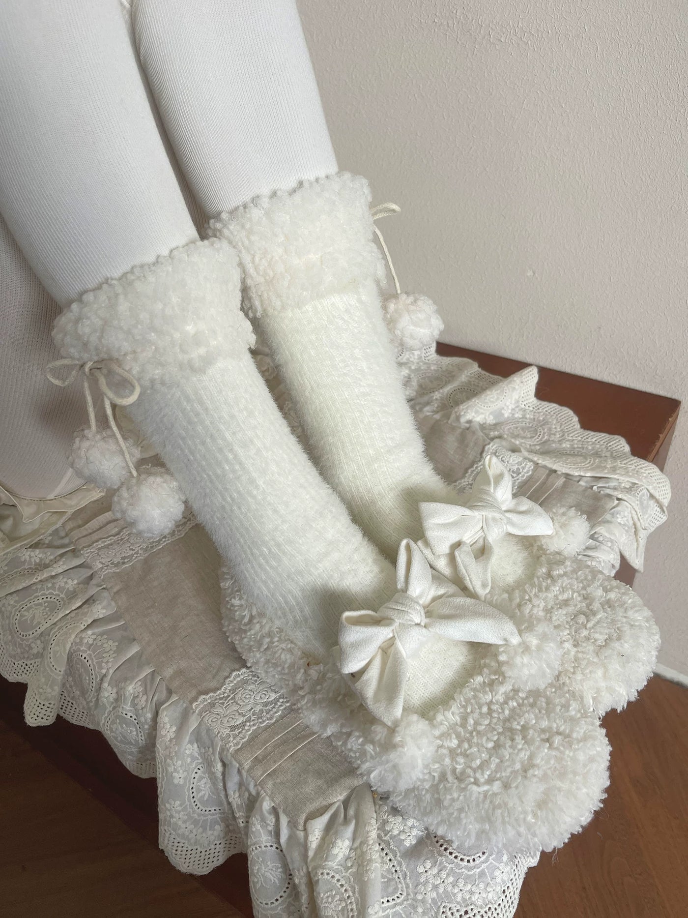 Sock Noble - Winter Pom-Pom - Plush-Trim Slouch Socks with Pom-Pom Ties