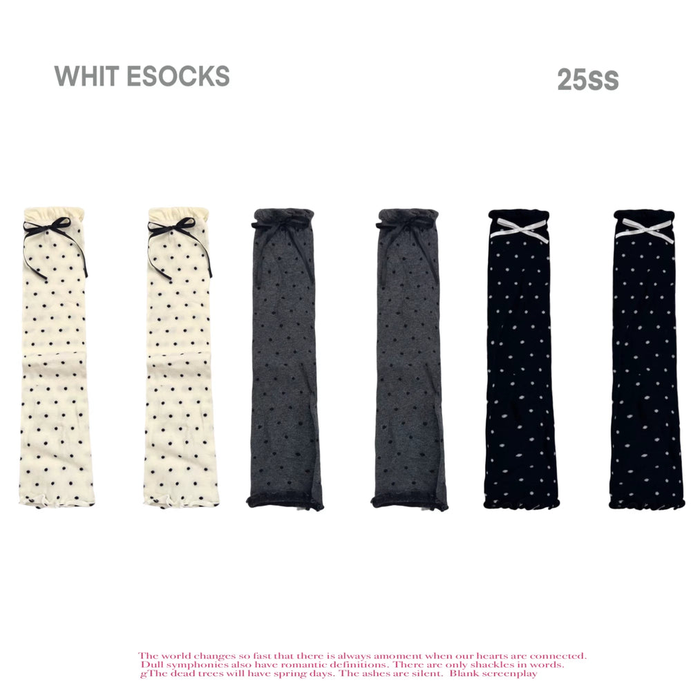 Black polka dot ribbed lolita sock with floral lace cuff and small bow detail