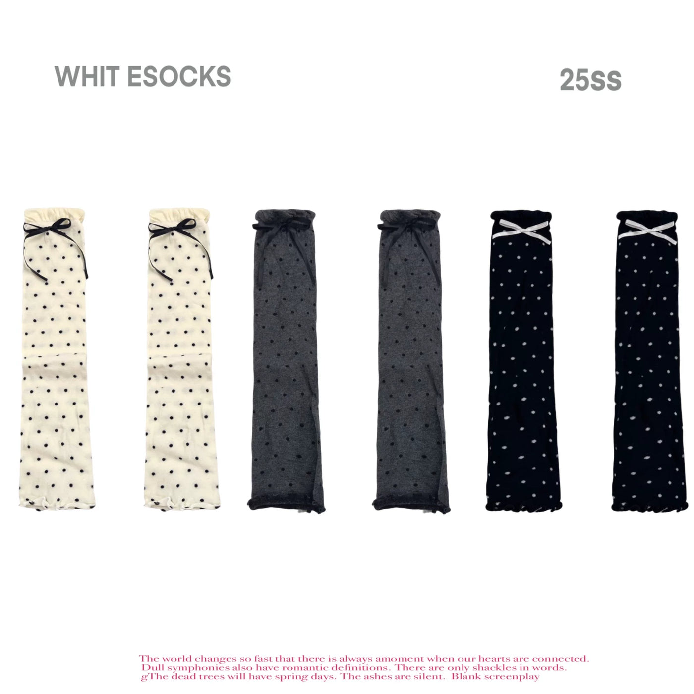 Black polka dot ribbed lolita sock with floral lace cuff and small bow detail