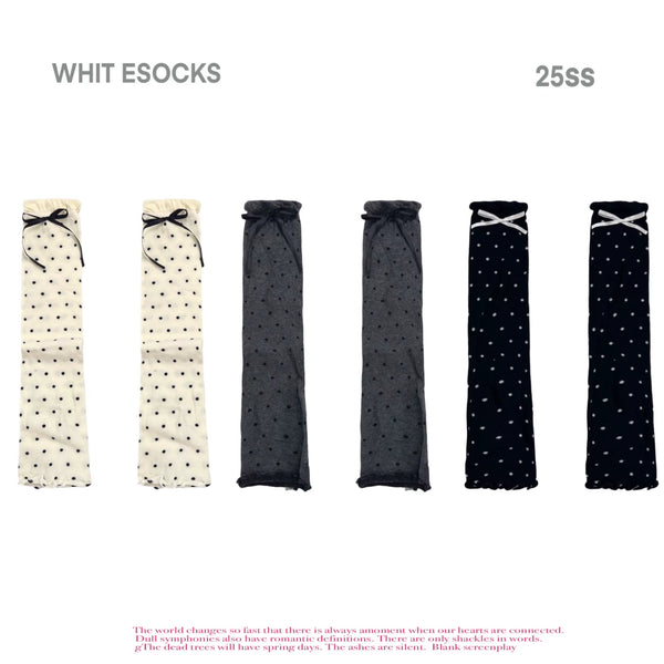 Black polka dot ribbed lolita sock with floral lace cuff and small bow detail