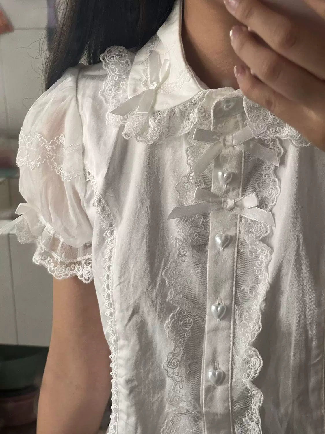 Sweetheart Dream Machine - Summer Ribbon Lace - Short-sleeve blouse with a ruffled lace collar