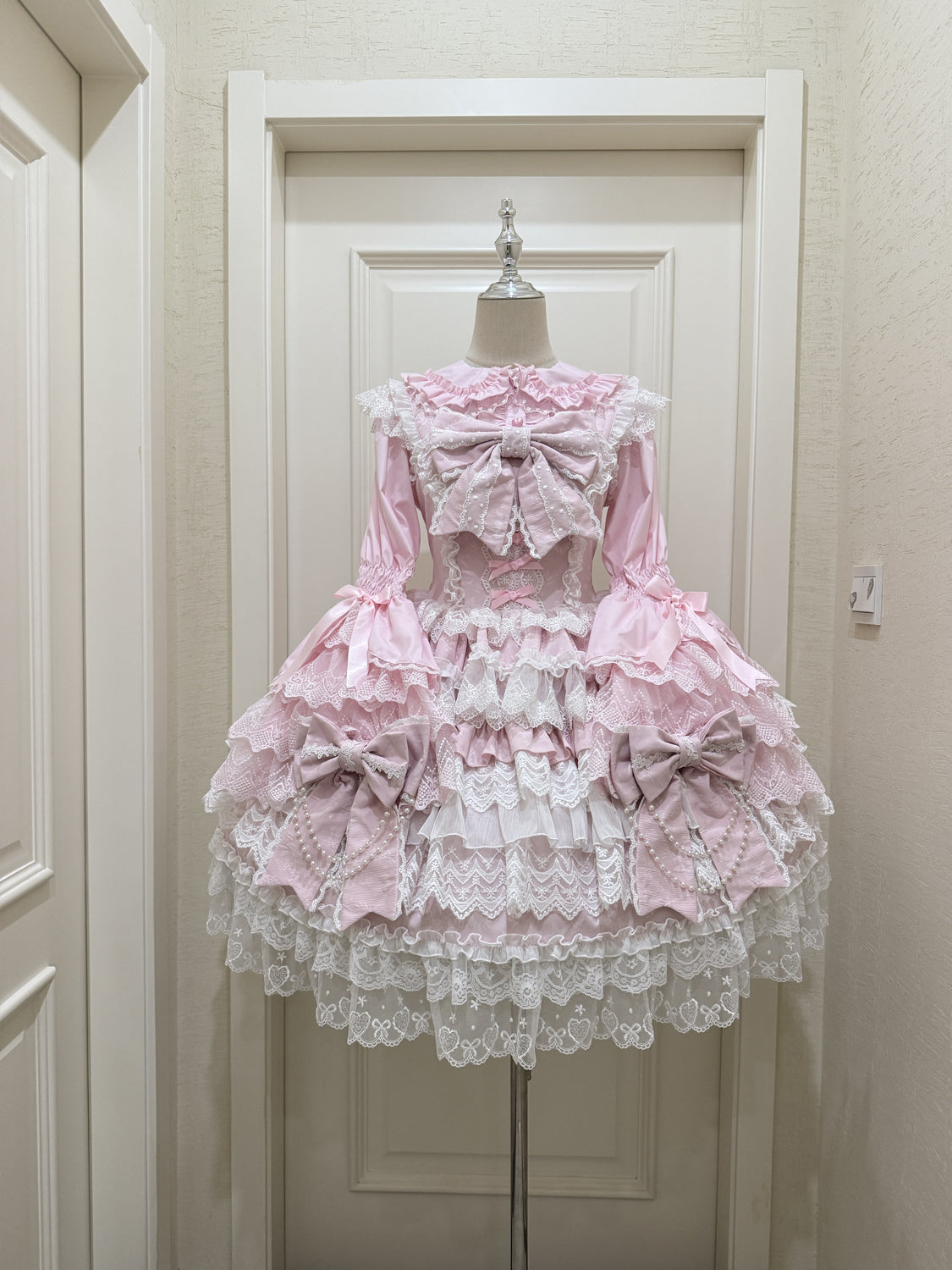 Hanguliang - Cross Heart Knot - Sweet Lolita JSK Suit Tiered Ruffles Dress, Lace Blouse
