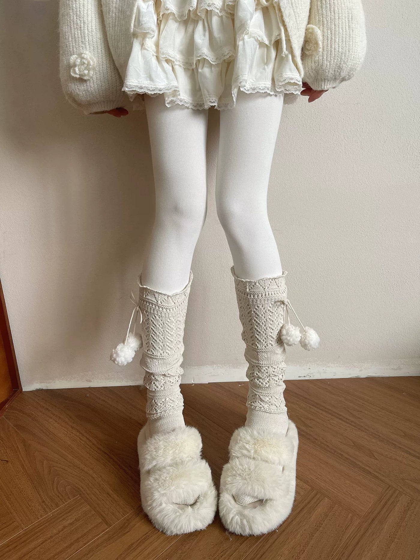 Sock Noble - Knit Openwork - Mid-Calf Slouch Socks with Pom-Poms