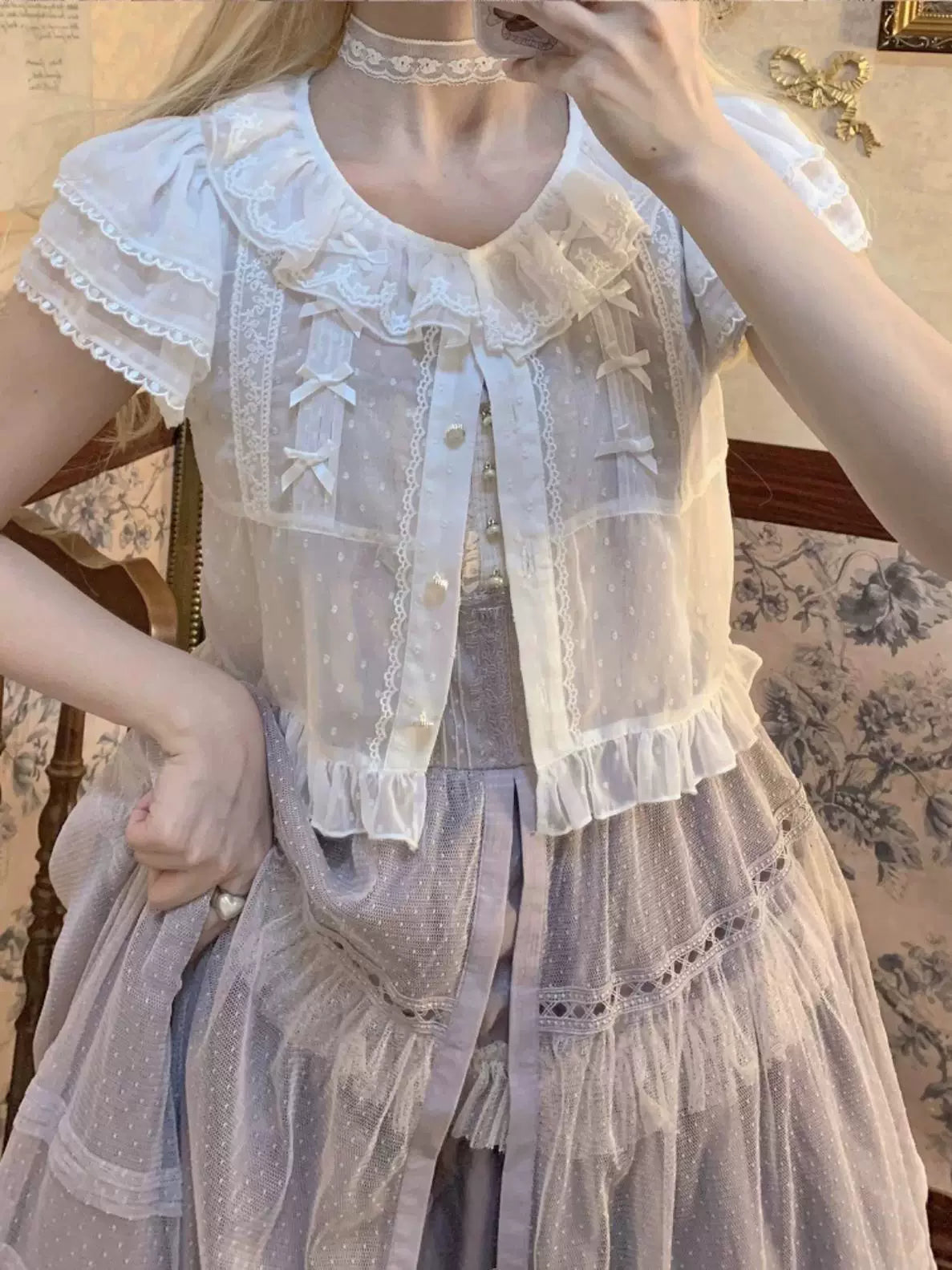 Sweetheart Dream Machine - Embroidered Dot Blouse - White or Ecru Lolita Blouse with Lace Ruffles and Bow Ties