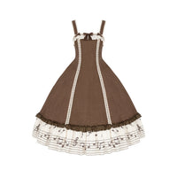 With PUJI - Solo Moments - Lolita JSK Dress, Print & Ruffle Trim - Brown Shoulder Strap Adjustable Ruffled Large Swing JSK Early Stock / S