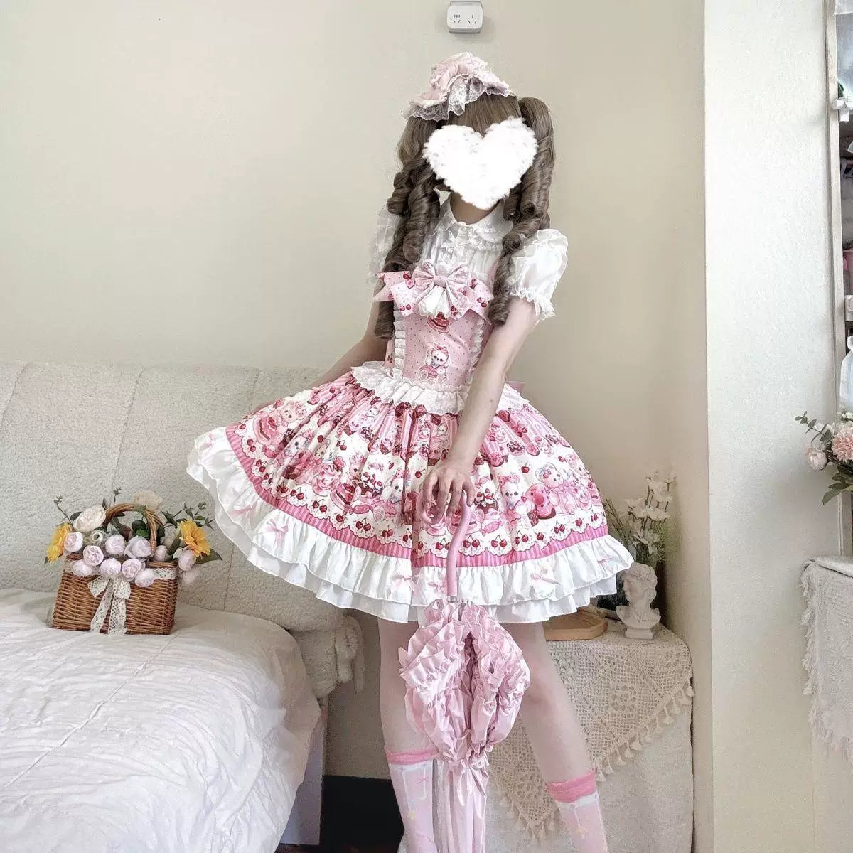 Pink teddy bear and sweets print JSK with ruffled skirt and matching headpiece