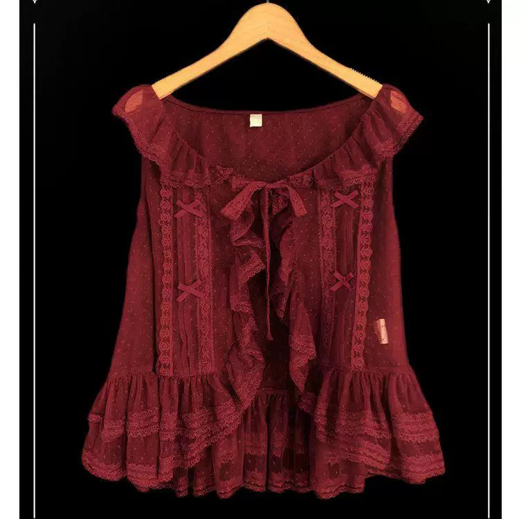 Red sweet lolita lace vest with lace trim and tiered ruffled hem