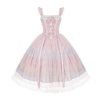 With PUJI - Giverny Spring - Lolita Dress Collection, High-waist Silhouette & Full Skirt - Flutter sleeves, adjustable strap, oil painting pattern long JSK Available now / S