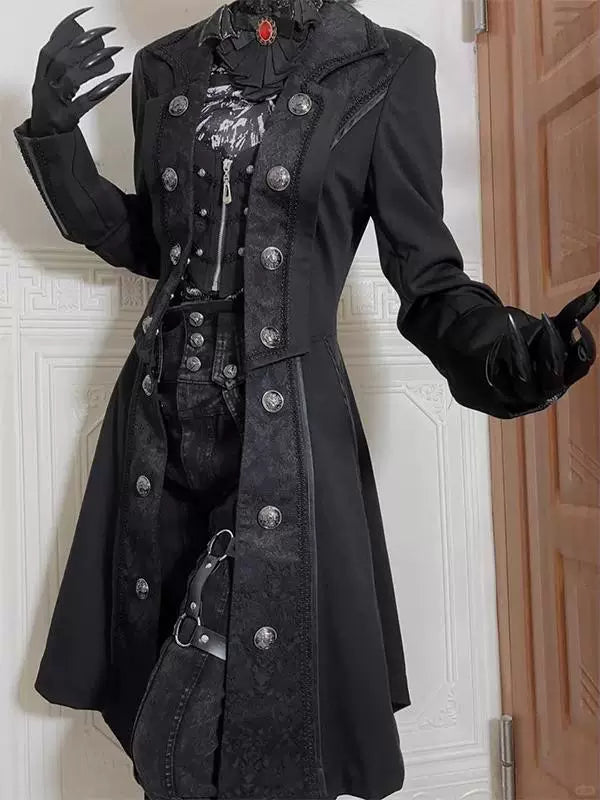 Creamy - Bat-Wing Prince - Black Long Coat with Silver-Tone Buttons