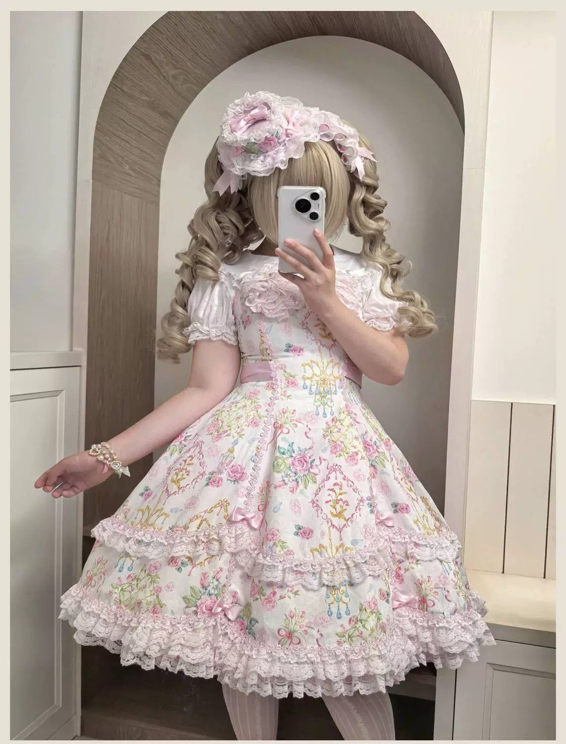 Sweetheart Dream Machine - Vintage Floral Wall - Ruffle-Trimmed Blouse with Doll Collar