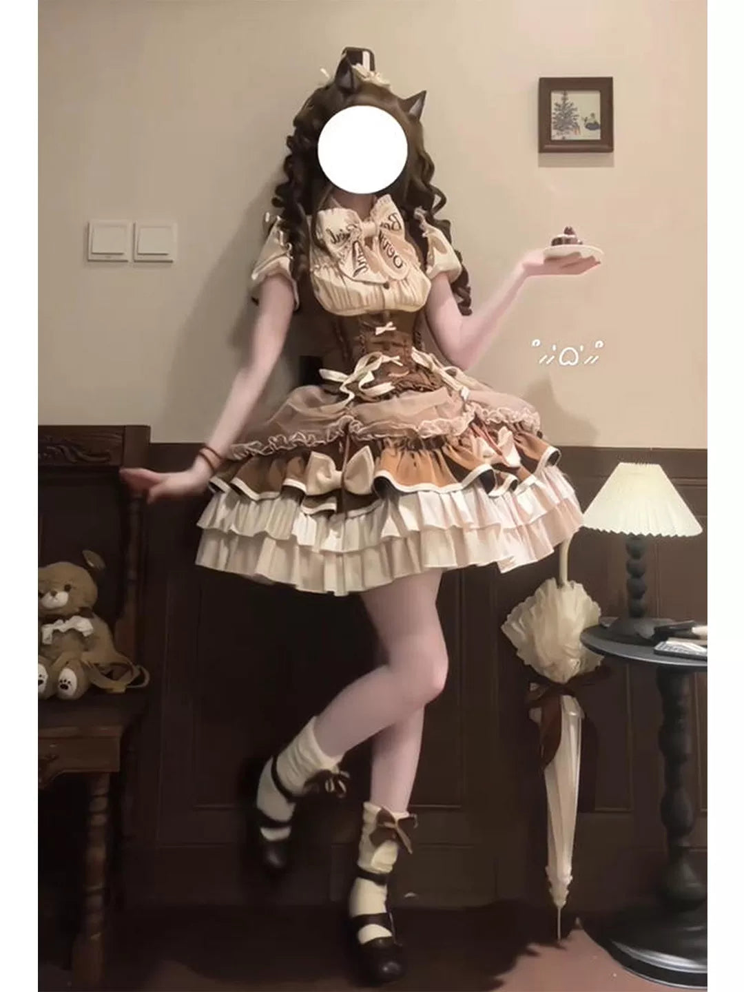 Creamy - Milk Coffee Heartbeat - Blouse and SK Set with Large Bow and Sash