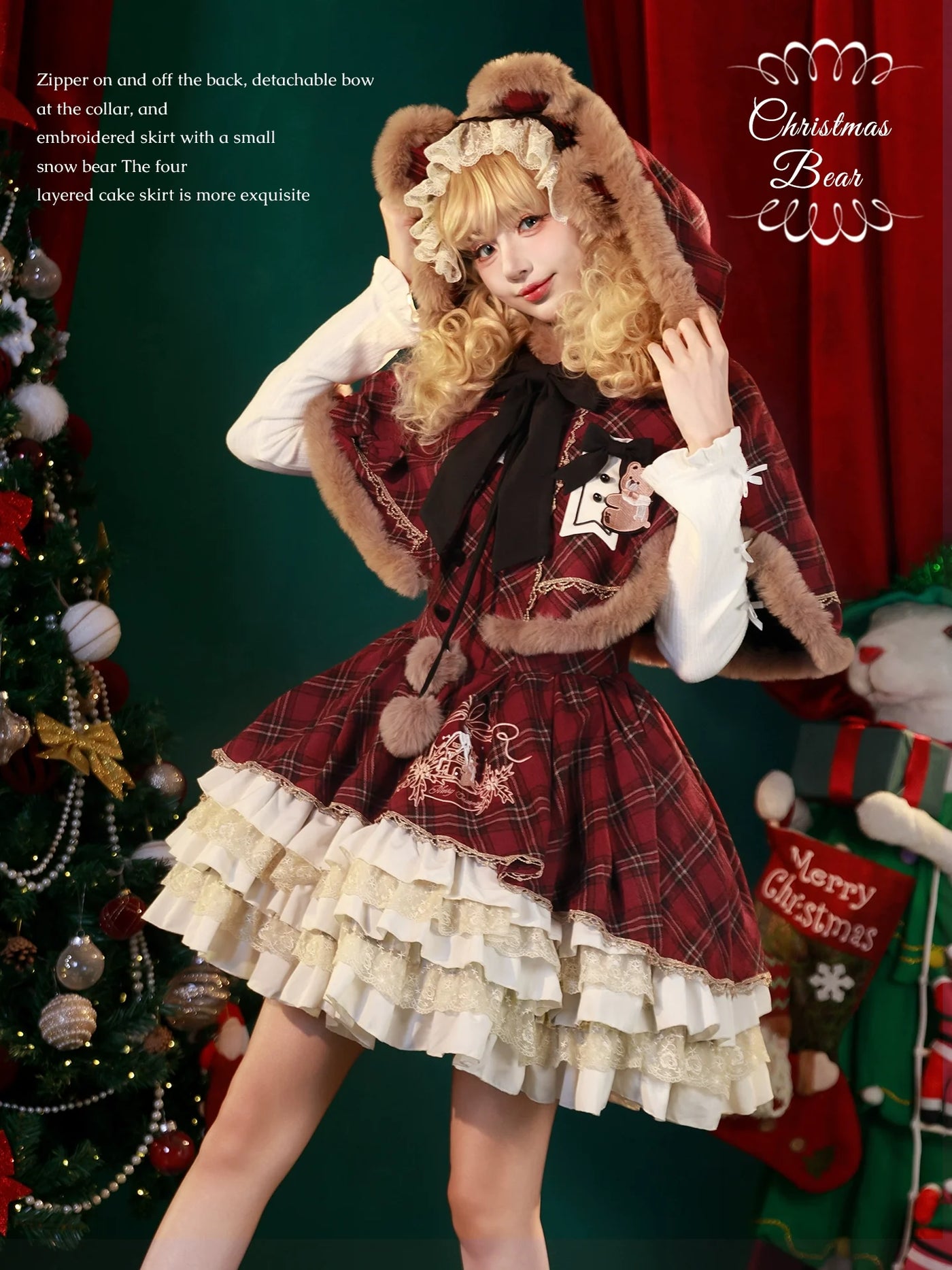 OCELOT - Kurikuma Cocoa - Christmas Plaid Lolita JSK, Hooded Cape