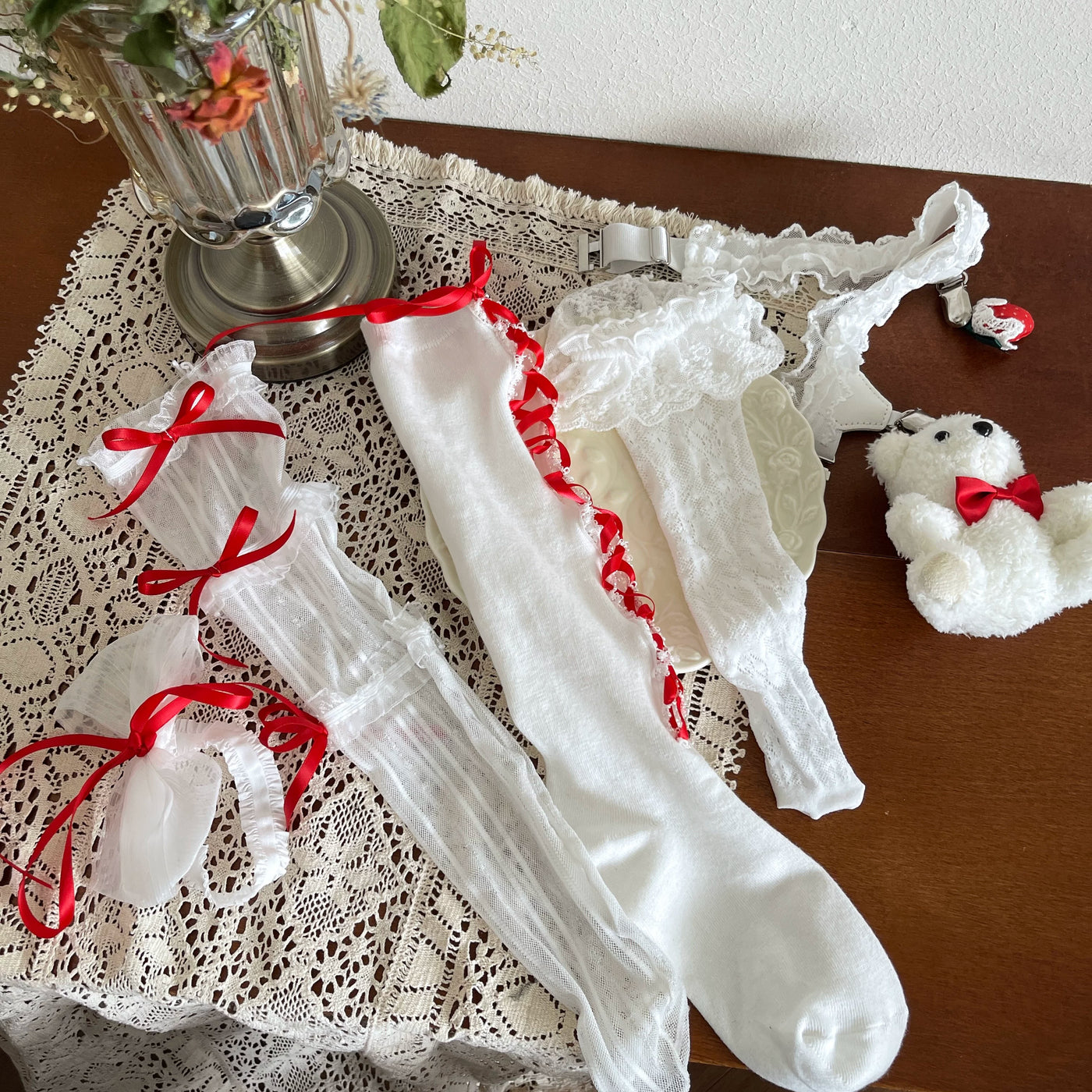 Sock Noble - Christmas Bear Garden - Mid-Calf Socks and Leg Accessories with Lace and Bear Details