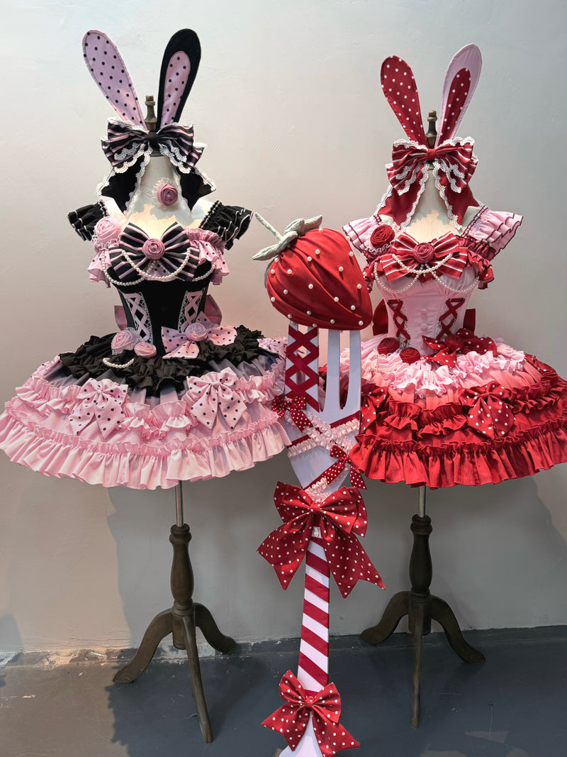 Dessert Babalya Sweet Lolita dress set in Berry colorway with polka dot tiered skirt and coordinated accessories
